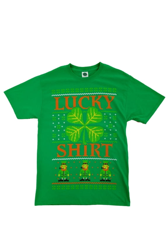 Mens Green Lucky Shirt Fair Isle Leprechaun Clover St. Patrick's Day T-Shirt L