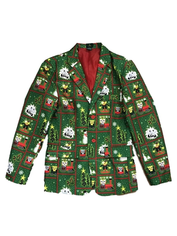 Mens Green Monster Elf Cat Train Snowman Christmas Suit Sportscoat Blazer Small