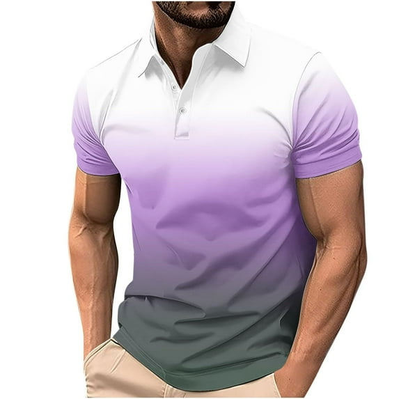 Mens Green Polo Shirt Button Up Gradient Print Casual Vintage Classic Golf Shirt Lightweight Summer Outdoor Casual Polo Tops,White,XL