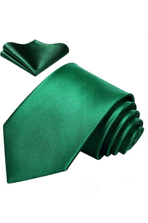 Mens Green Ties Classic Satin Necktie and Pocket Square Set Formal Business Wedding Silk Tie