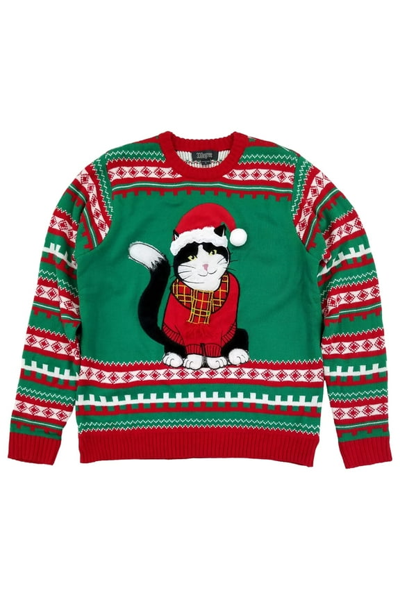 Mens Green X-Mas Cat Santa Hat Fair Isle Holiday Christmas Sweater Large