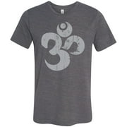 Mens Grey Distressed OM Ohm AUM Hindu Symbol Burnout Yoga T-shirt, Large Asphalt Slub