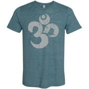 Mens Grey Distressed OM Ohm AUM Hindu Symbol Burnout Yoga T-shirt, Large Denim Slub