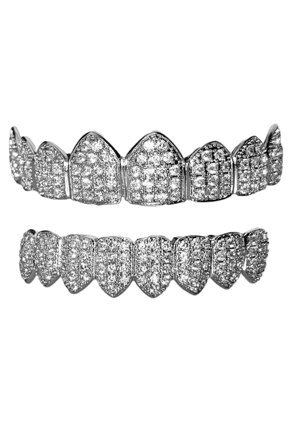 Mens Grillz Set Eight Top 8 Bottom Teeth Silver Tone Micro Pave Bling Iced CZ Premade Hip Hop Grills