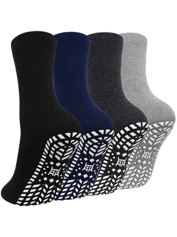 Mens Grip Socks, AMITOFO Anti Slip Crew Socks for Men-Non Slip Hospital Home Walking Socks for Elderly, 4 Pairs (Size 13-15 )