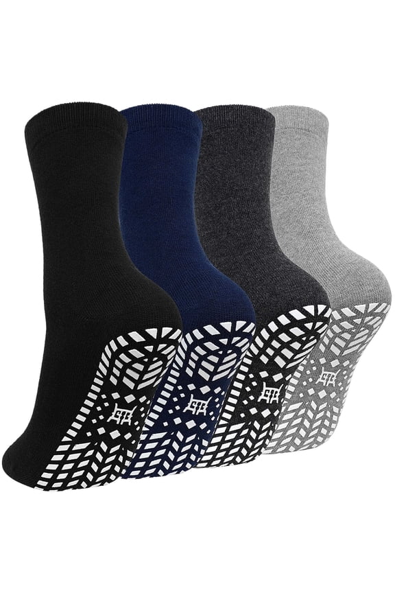 Mens Grip Socks, AMITOFO Anti Slip Crew Socks for Men-Non Slip Hospital Home Walking Socks for Elderly, 4 Pairs (Size 13-15 )