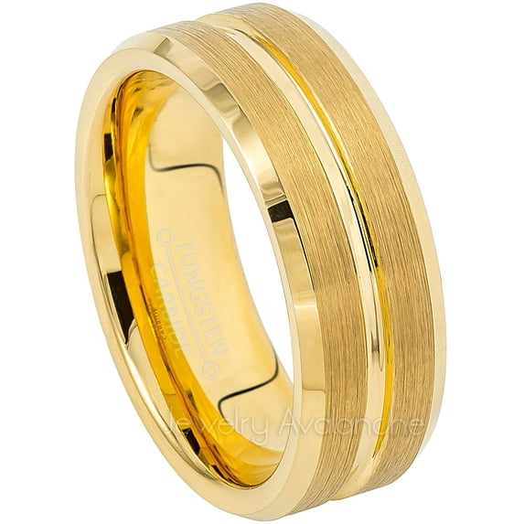 Mens Grooved Tungsten Wedding Band - 8mm Brushed Yellow Gold Plated Tungsten Carbide Ring - Anniversary Band JATN724Ns10.5