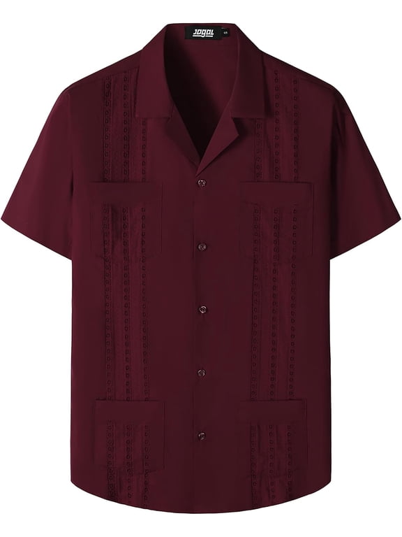 Mens Guayabera Shirts Cuban Short Sleeve Casual Button Down Shirt Medium,Burgundy