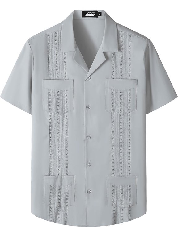 Mens Guayabera Shirts Cuban Short Sleeve Casual Button Down Shirt Medium,Grey