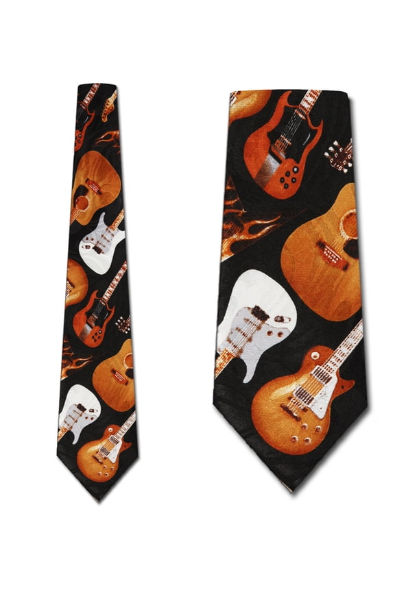 Mens Guitar Music Tie Pattern Diagonal Black Necktie by Three Rooker