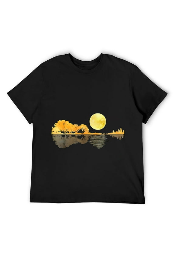 Mens Guitar Nature Moon Retro Style Guitarist Acoustic Guitar T-Shirt Black L