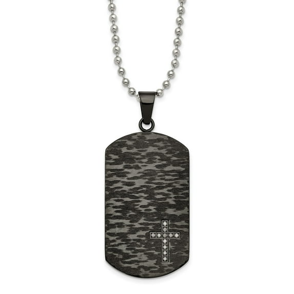 Mens Gunmetal Dog Tag Necklace with Brushed Metal Texture Cross Accent and Sparkling Stones on Ball Chain Rugged Industrial Pendant Faith Jewelry for Casual or Formal Wear