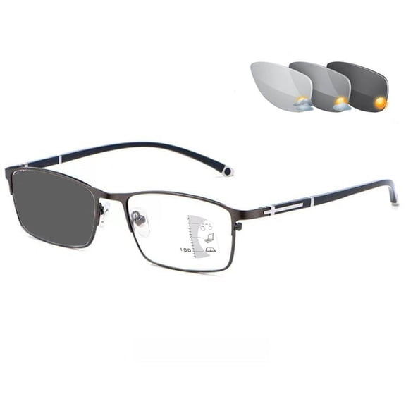 Mens Gunmetal Progressive Photochromic Transition Gray Rectangular Business Reading Glasses 2.00, Blue Light Blocking Presbyopic Glasses, Metal Classic Flexible Readers +2.00 Strength