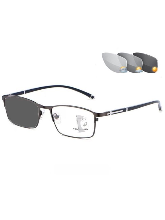 Mens Gunmetal Progressive Photochromic Transition Gray Rectangular Business Reading Glasses 2.00, Blue Light Blocking Presbyopic Glasses, Metal Classic Flexible Readers +2.00 Strength