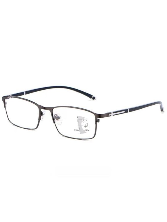 Mens Gunmetal Progressive Rectangular Business Reading Glasses 2.00, Blue Light Blocking Multifocal Presbyopic Glasses, Metal Classic Flexible Readers +2.00 Strength