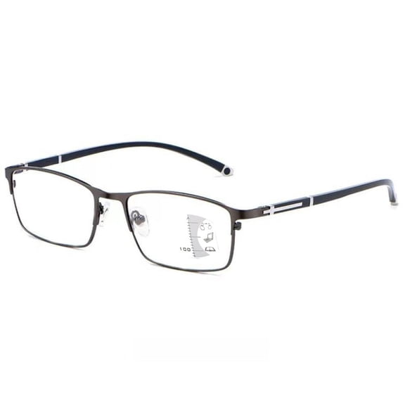Mens Gunmetal Progressive Rectangular Business Reading Glasses 2.00, Blue Light Blocking Multifocal Presbyopic Glasses, Metal Classic Flexible Readers +2.00 Strength