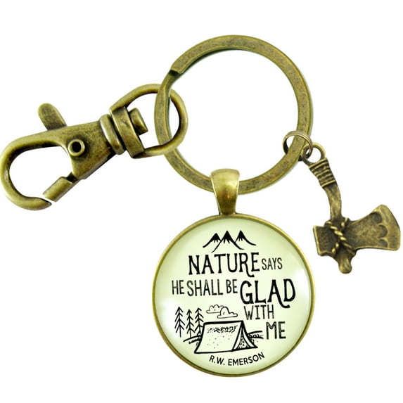 Mens Gutsy Goodness Bronze Keychain Nature Camping Tent Rustic Bronze Key Fob Dad Outdoors Gift Axe Charm