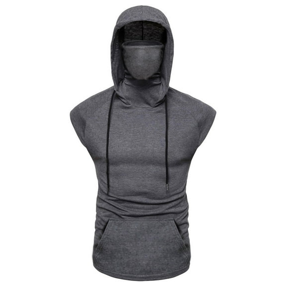 Mens Gym Sleeveless Hoodie with Mask Casual Hooded Sweatshirt Pullover Top Bodybuilding Muscle T-Shirts with Pocket