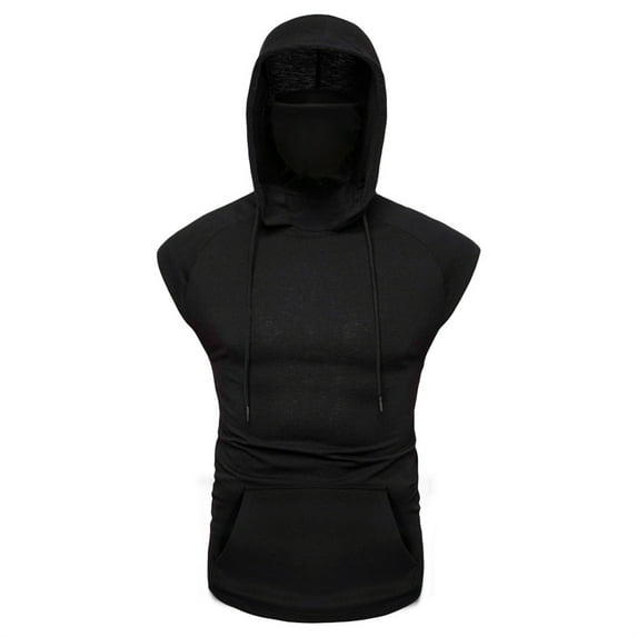 Mens Gym Sleeveless Hoodie with Mask Casual Hooded Sweatshirt Pullover Top Bodybuilding Muscle T-Shirts with Pocket