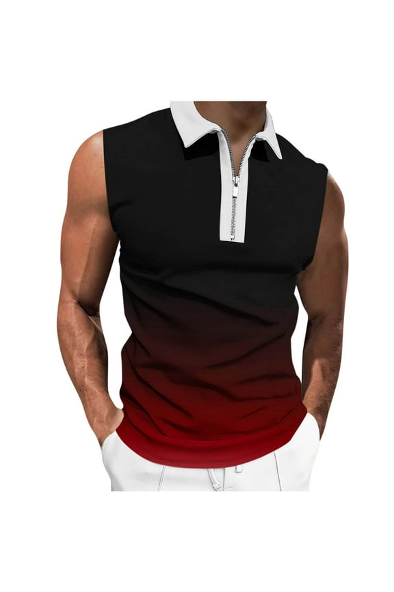 Mens Gym Tank Top Undershirt Zipper Collared Sports Vest Sleeveless Workout Slim-Fit Casual Summer Shirt Blouse, Wine, XXL