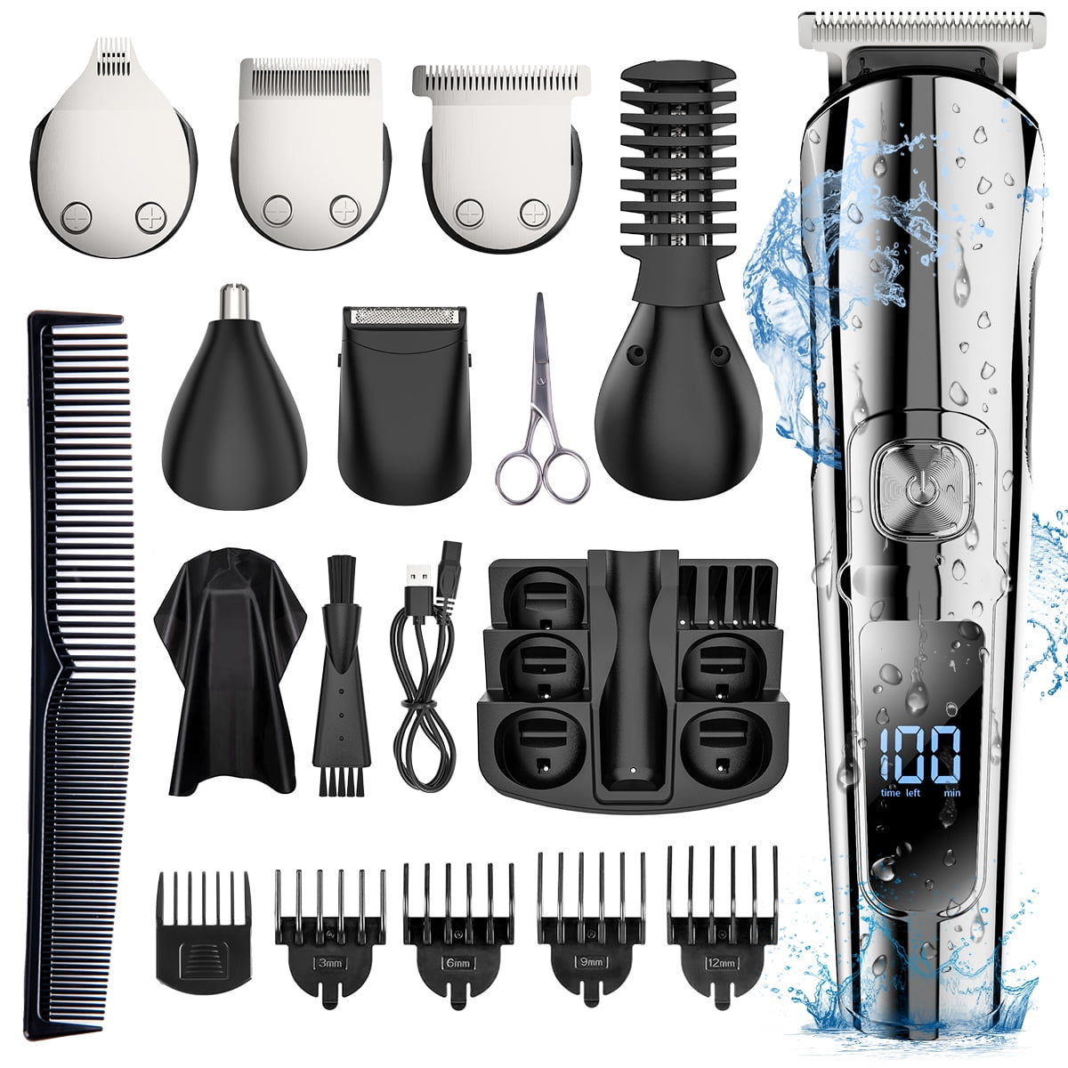 Mens Hair Clipper, 16 in Hair Grooming Kit IPX7 Waterproof Beard Trimmer USB Rechargeable Cordless Haircut W  2-Speed Adjustable, Barber Cape, Stora