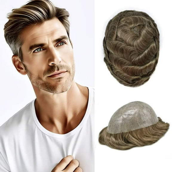 Mens Hairpiece LYRICAL HAIR All Poly Men Toupee Human Hair Replacement System Durable Thin Skin PU Injected Toupee Hair Wigs for Men #1740 Dark Ash Blonde with 40% Gray