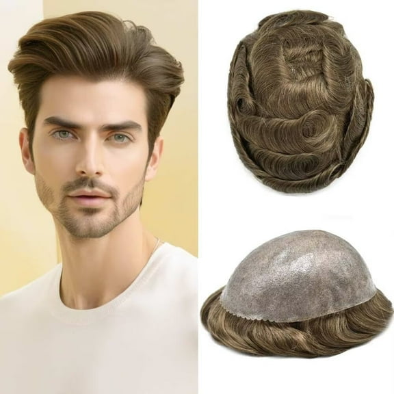 Mens Hairpiece LYRICAL HAIR All Poly Men Toupee Human Hair Replacement System Durable Thin Skin PU Injected Toupee Hair Wigs for Men #1810 Medium Blonde with 10% Gray