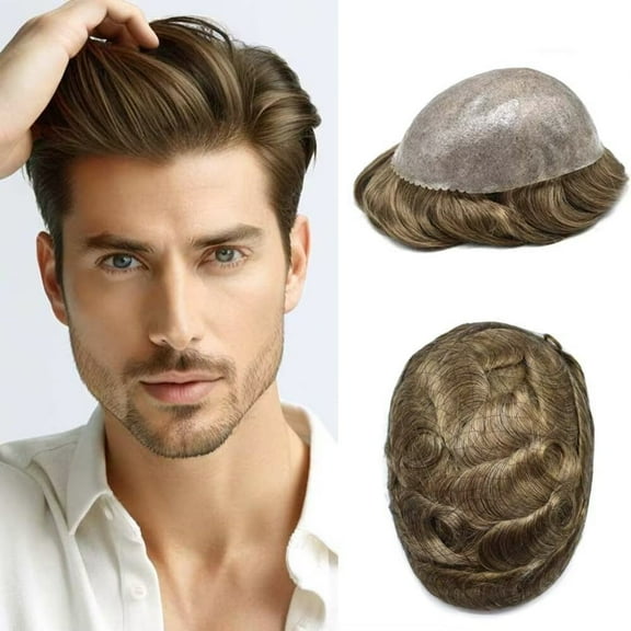 Mens Hairpiece LYRICAL HAIR All Poly Men Toupee Human Hair Replacement System Durable Thin Skin PU Injected Toupee Hair Wigs for Men #1830 Medium Blonde with 20% Gray