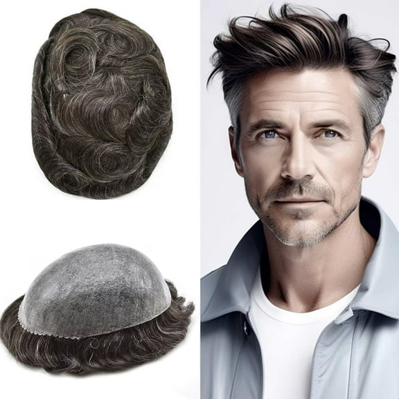 Mens Hairpiece LYRICAL HAIR All Poly Men Toupee Human Hair Replacement System Durable Thin Skin PU Injected Toupee Hair Wigs for Men #230 Darkest Brown with 30% Gray