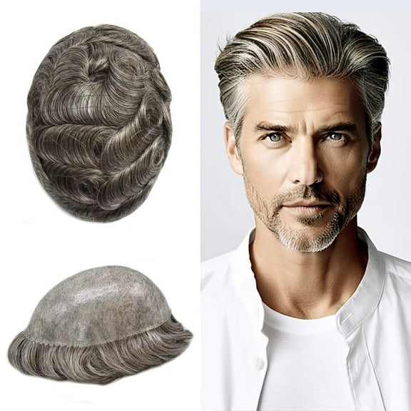 Mens Hairpiece LYRICAL HAIR All Poly Men Toupee Human Hair Replacement System Durable Thin Skin PU Injected Toupee Hair Wigs for Men #350 Dark Brown with 50% Gray