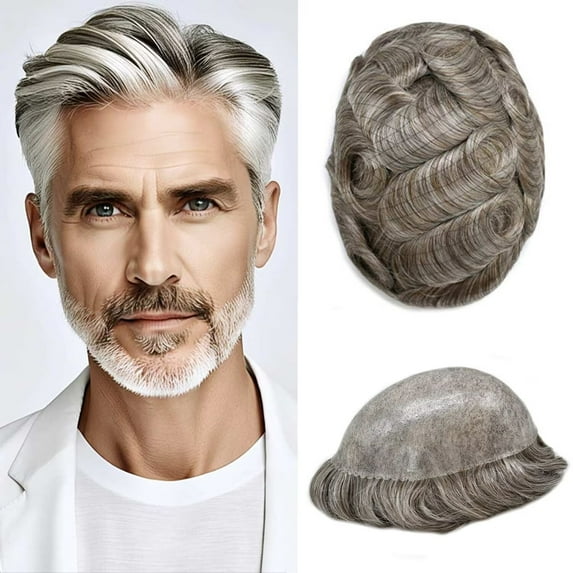 Mens Hairpiece LYRICAL HAIR All Poly Men Toupee Human Hair Replacement System Durable Thin Skin PU Injected Toupee Hair Wigs for Men #565 Medium Light Brown with 65% Gray