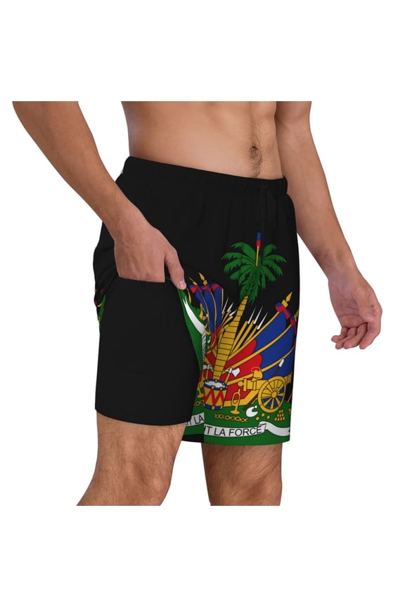 Mens Haiti Coat Of Arms 2 in 1 Quick Dry Swim Trunks with Compression Liner Beach Shorts