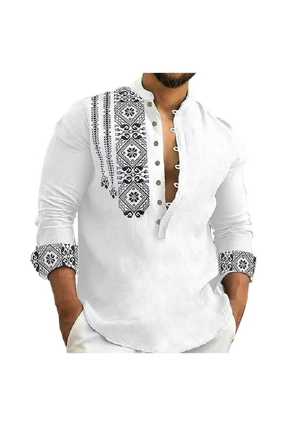 Vintage Floral Print Shirts for Men Button Henley V Neck Stand Collar Tee Shirt Soft Linen Beach Tops Muscle Fit Tee