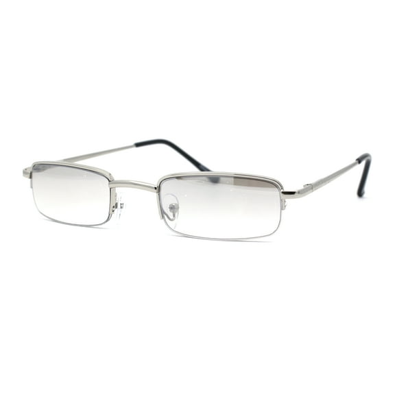 Mens Half Metal Rim Dad Shade Small Rectangle Sunglasses Silver Clear Mirror