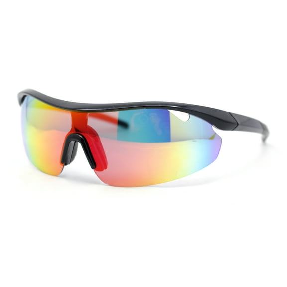 Mens Half Rim Color Mirror Wrap Around Oversized Shield Sport Sunglasses Black - Rainbow Mirror