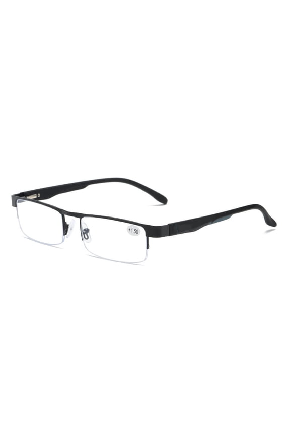 Mens Half Rimless Blue Light Blocking Rectangle Reading Glasses +2.0, Metal Black Spring Hinges Classic Readers 2.0