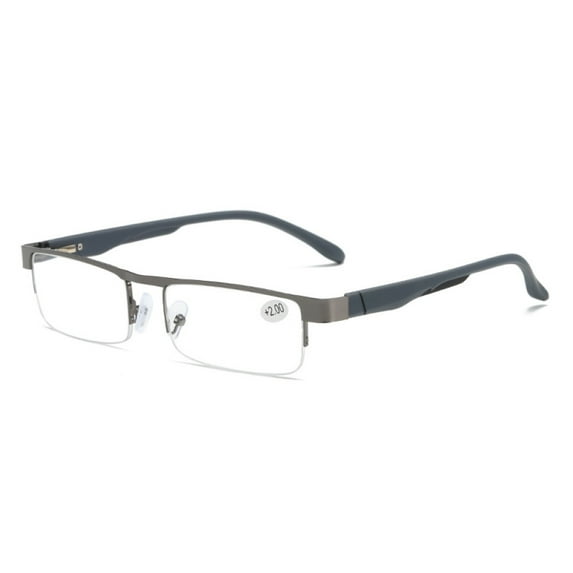 Mens Half Rimless Blue Light Blocking Rectangle Reading Glasses +2.0, Metal Gunmetal Spring Hinges Classic Readers 2.0