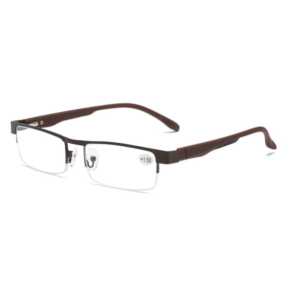 Mens Half Rimless Blue Light Blocking Rectangle Reading Glasses +3.0, Metal Brown Spring Hinges Classic Readers 3.0