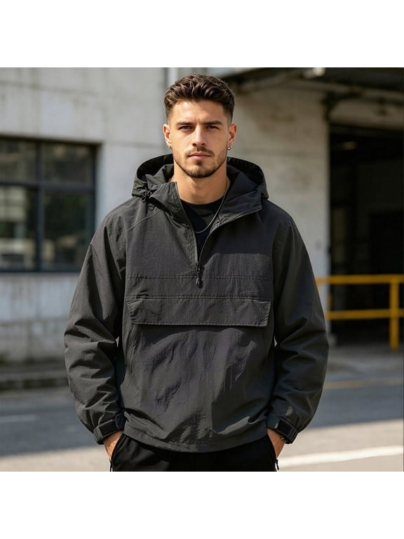 Mens Half Zip Anorak Hoodie Long Sleeve Pullover Jacket Front Flap Pocket Drawstring Hem Hooded Outerwear Black XS
