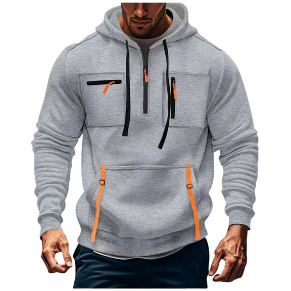Mens Half Zip Hoodie Windproof Fleece Hoodys Top Cargo Fleece Pullover Hooded Sweatshirt Casual Fall Lounge Wear Lightweight Combat Outwear Tactical Hoody Coat with Large Pocket