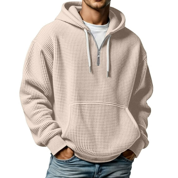 Mens Half Zip Up Hoodie Long Sleeve Hooded Casual Sports Waffle Pullover Sweatshirts Athletic Loose Fit Winter Mens Sweatshirts Beige XXXL