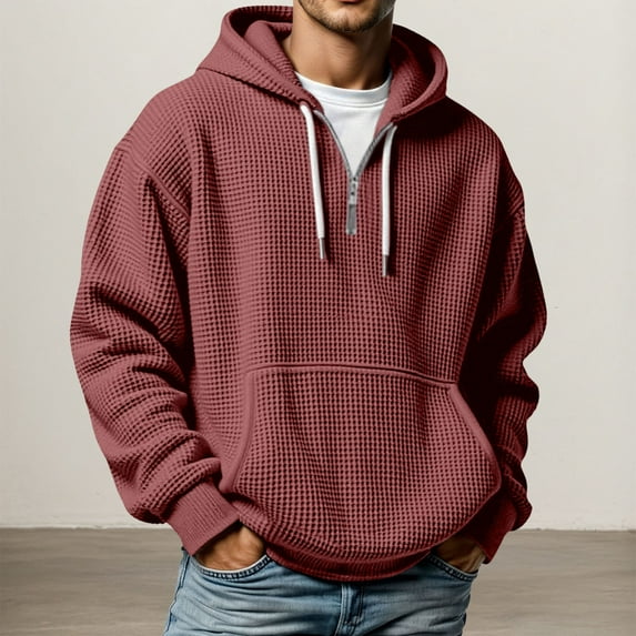Mens Half Zip Up Hoodie Long Sleeve Hooded Casual Sports Waffle Pullover Sweatshirts Athletic Loose Fit Winter Mens Sweatshirts Brick Red XXXXL