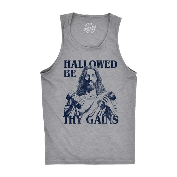 Mens Hallowed Be Thy Gains Fitness Tank Funny Sarcastic Jesus Graphic Novelty Sleeveless Tee for Men