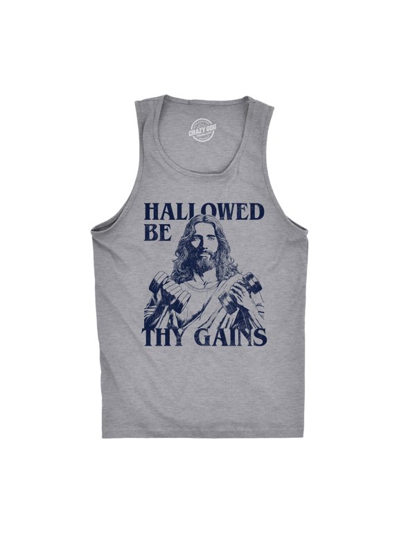 Mens Hallowed Be Thy Gains Fitness Tank Funny Sarcastic Jesus Graphic Novelty Sleeveless Tee for Men