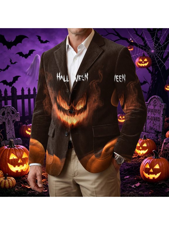 Mens Halloween Business Blazer Corduroy Halloween Graphic Slim Fit 2 Button Halloween Holiday Party Jacket with Pockets