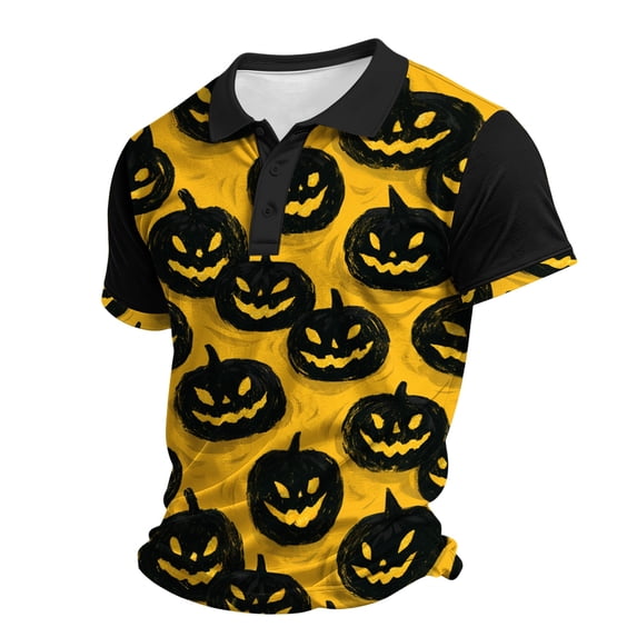 IAJDKMEK Halloween Men's Polo Short Sleeve Shirt - Soft Knit Button-Down Shirt, Perfect Summer Shirt for Daily, Holiday Parties, Golf Shirt & Halloween Events,Yellow 2XL