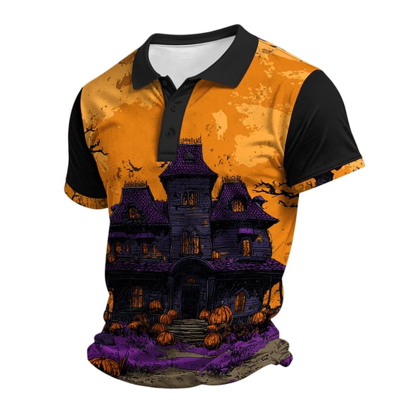 IAJDKMEK Halloween Men's Polo Short Sleeve Shirt - Breathable Button-Down Knit Shirt, Lightweight Summer Shirt for Party, Daily Summer, Golf Shirt & Costume Events,Yellow 2XL
