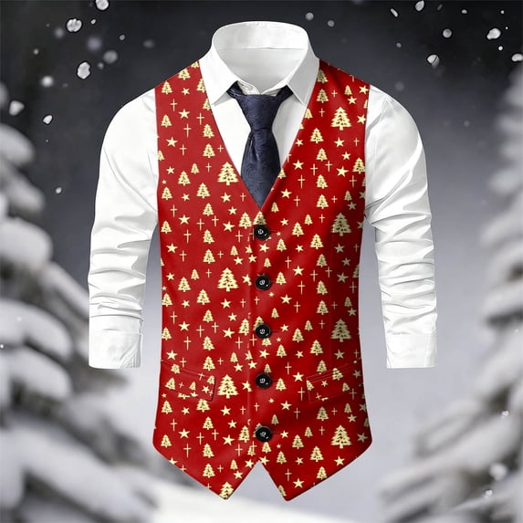 Mens Halloween Christmas Suit Vest Holiday Themed Lightweight Vest Red1 XXXXL