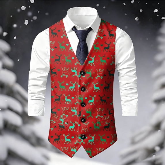 Mens Halloween Christmas Suit Vest Holiday Themed Lightweight Vest Red2 XXXXL