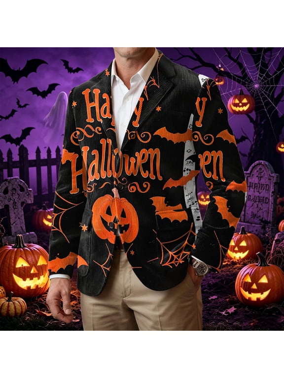 Mens Halloween Corduroy Blazer Jacket Funny Pumpkins Print Sport Coat 3 Buttons Slim Fit Business Office Halloween Blazers with Pockets